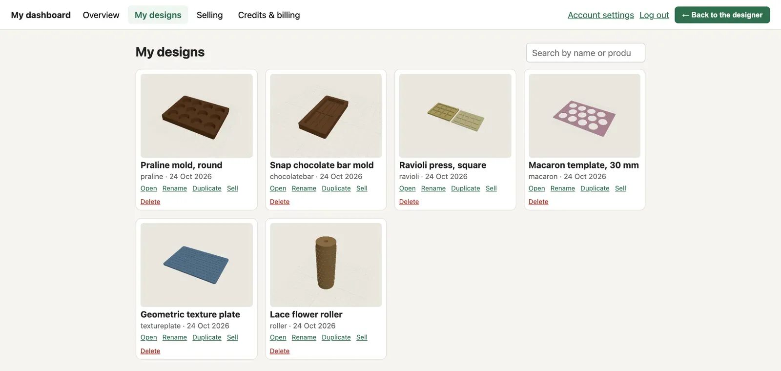 The dashboard with six saved designs, each with a picture and a Sell button