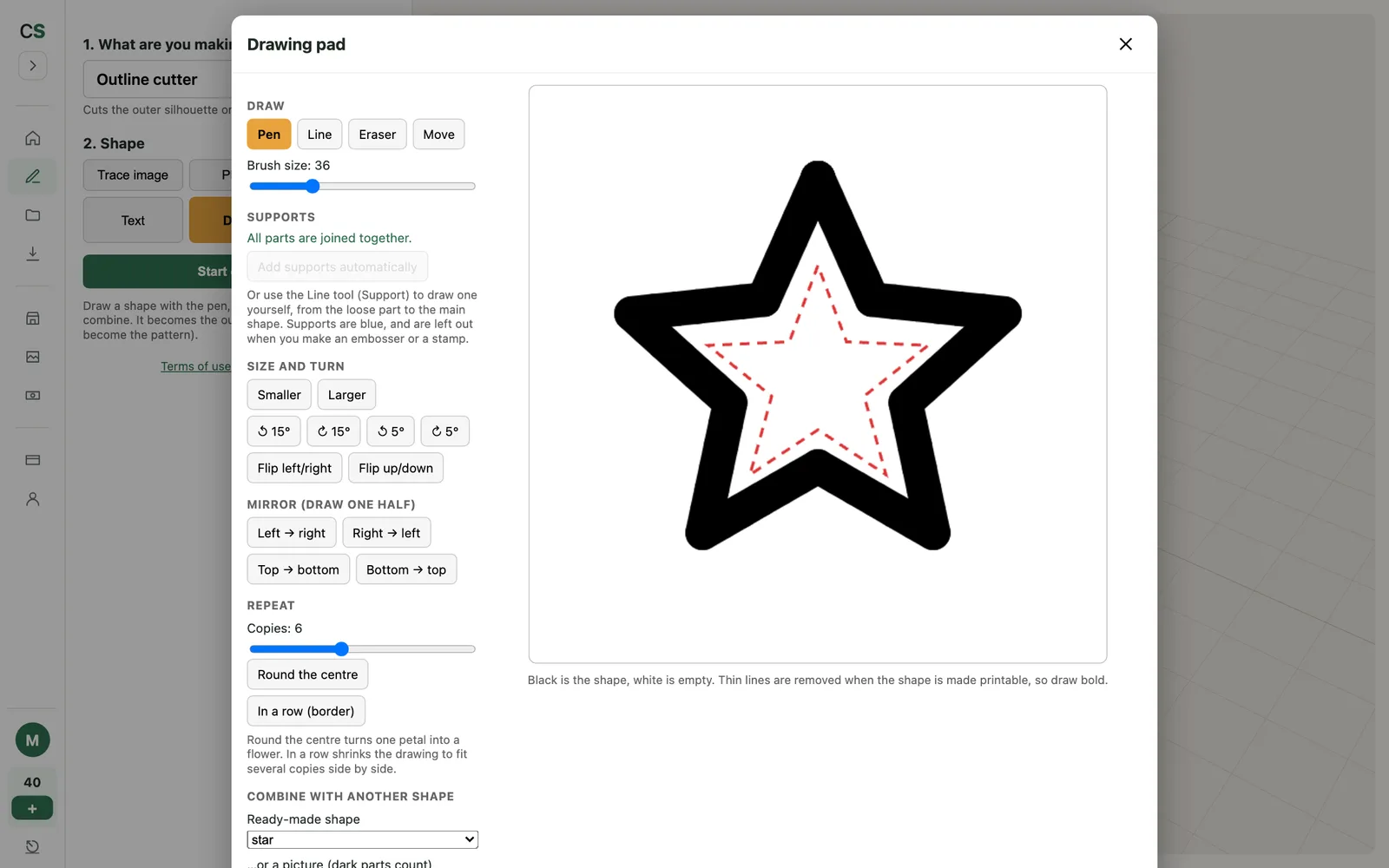 The 2D drawing pad with a star being drawn and the tools on the left