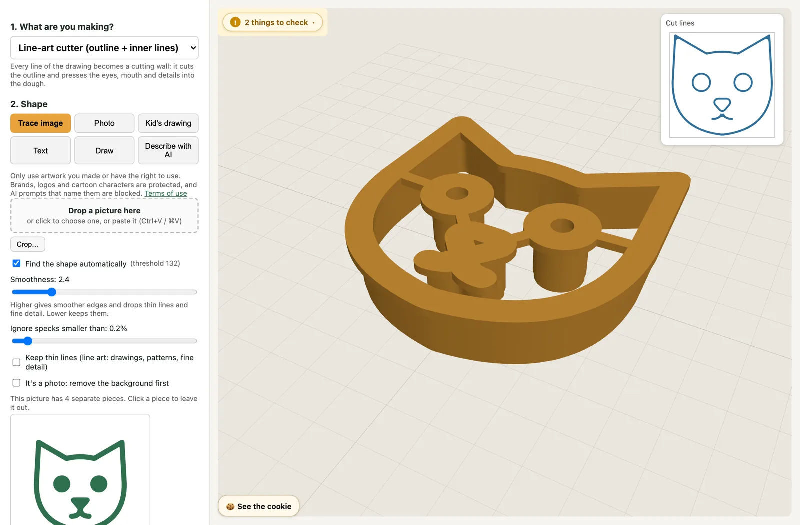 A cat drawn in outline turned into a line-art cookie cutter, with a preview of the cut lines